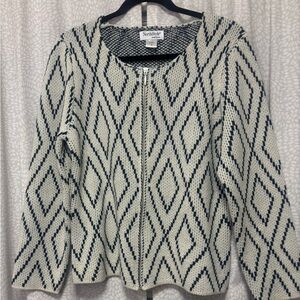NorthStyle knit, zip-up Cardigan Sweater Black and Ivory Geometric pattern sized